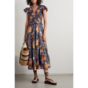 SEA New York Ines Floral Smocked Body Midi Dress Floral Boho Sz 8